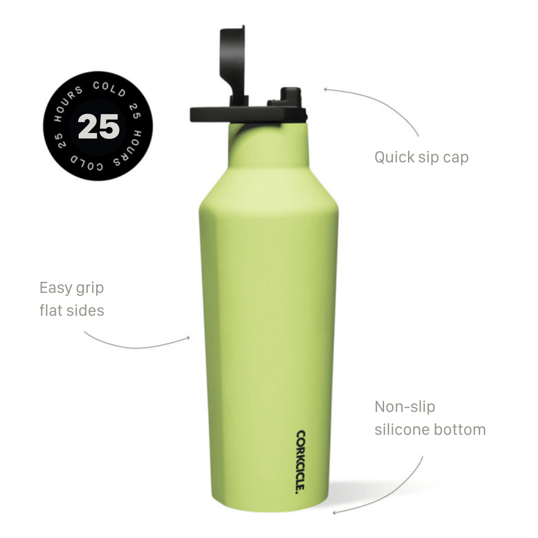 Green water bottle with diagram showing product features.