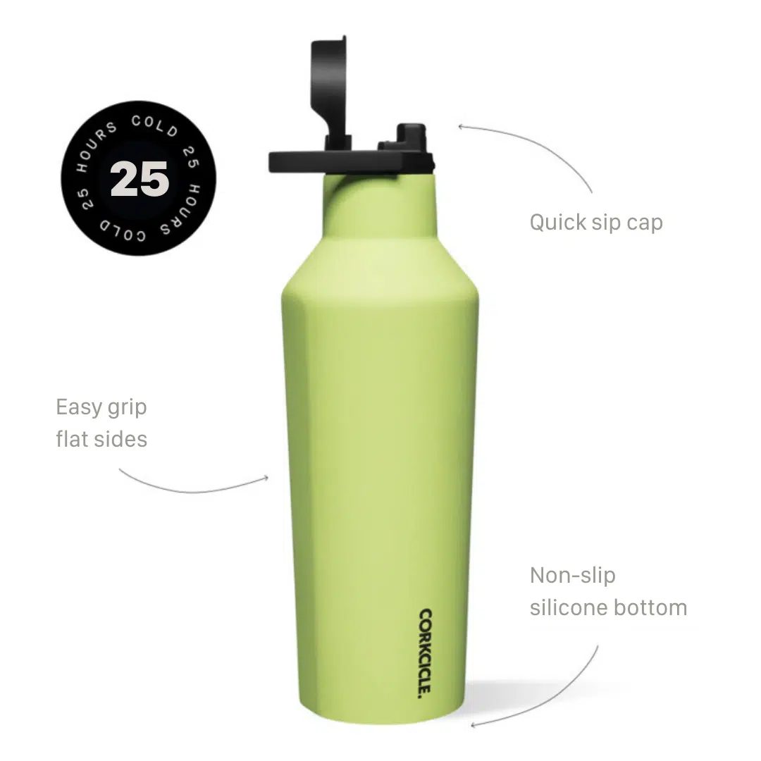 Green water bottle with diagram showing product features.